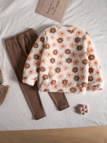 SHEIN Vintaside Kids Younggirl 兩件套，毛絨圓領長袖上衣搭配條紋內搭褲 - 棕色 - 查看 2