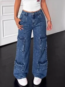 Teen Girl Pocket Button Casual Daily Wear Cargo Denim Jeans - Medium Wash - View 2