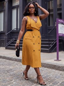 Slaydiva Plus Size Mustard Yellow Double-Breasted Blazer Vest Dress - Yellow - View 8
