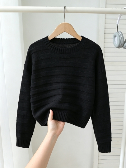 SHEIN Suéter de punto grueso de rayas cortas de unicolor minimalista elegante para niñas, adecuado para otoño/invierno, escuela, fiesta, cita, vacaciones