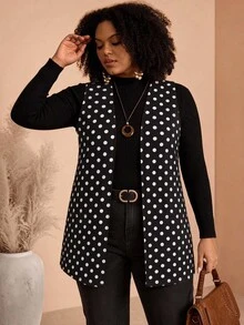 EMERY ROSE Plus Size Women's Polka Dot Pattern Open Front Vest Jacket - Black and White - View 3