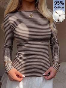 CovetEZ 95%棉全印花女款方領長袖T恤 - 棕色 - 查看 1