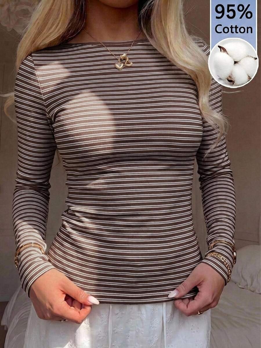 CovetEZ 95%棉全印花女款方領長袖T恤 - 棕色 - 查看 1