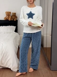 Napfluff 2-Piece Fluffy Fleece Pajama Set With Star Embroidery Pattern, Warm And Elegant Details, Autumn And Winter Clothing - Multicolor - View 8
