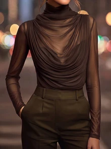 Editum ملابس علوية نسائية مثيرة شفافة بأكمام طويلة وياقة عالية، تصميم شبكي مرن مع تجاعيد، مناسبة للمساء والمواعدة والعمل والارتداء اليومي، باللون الأسود - قهوة بني - مشاهدة 5