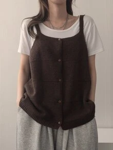 DAZY Women's Front Button Camisole Knit Top - Brown - View 3