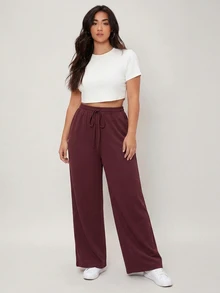 SHEIN BASICS 大尺碼毛圈布抽繩腰寬腿運動長褲，夏季女裝套裝 - 酒紅色 - 查看 3