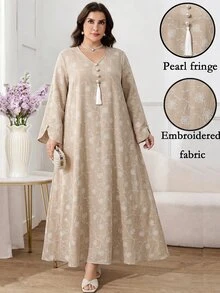 Al Najma Plus Size Women's Floral Embroidered Tassel Design Long Sleeve Elegant Arabian Dress - Khaki - View 9