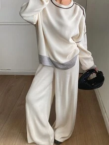 Livesso Setelan Kasual Wanita: Sweater Lengan Panjang Kerah Bulat dan Celana Rajut dengan Desain Blok Warna untuk Musim Gugur. - Aprikot - View 3