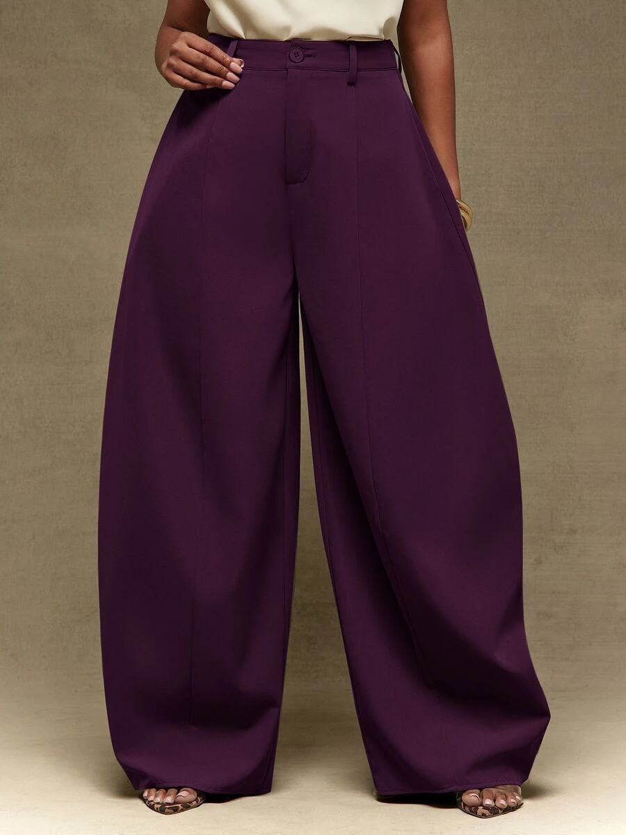 Vixey Solid Brown Suiting High Waist Barrel Leg Office Pants - Purple - View 1