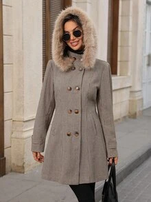 EMERY ROSE Women's Autumn/Winter Casual Elegant Plaid Vintage Collar Wool Blend Jacket Winter Jacket Brown Jacket - Coffee Brown - View 5