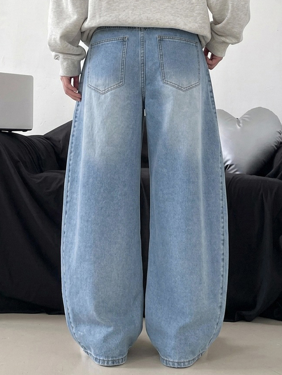 Women's Distressed Washed Bleached Pleated Loose Wide Leg Casual Streetwear Spring Autumn Long Denim Jeans