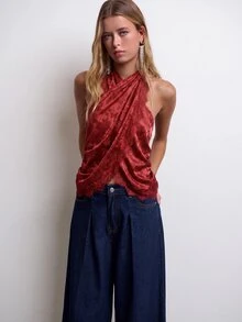 Nöista Polka Dot Halter Top With Lace Trim, Going Out Top For Women, Vacation Outfit, Party Style Aesthetic Chic - Burgundy - View 4