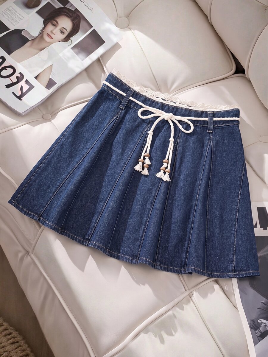 GlowEve Women's Waist Contrast Lace Casual Denim Skirt