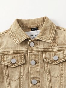 SHEIN 2件組男嬰黑色丹寧破洞夾克與彈性緊身褲 - 卡其色 - 查看 5