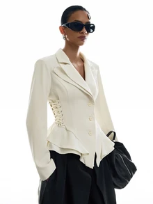 LYSMO Women's Solid Color Tie Design Casual Commute Blazer Autumn Winter Jacket, Elegant Women's Blouses Y2K, Work Tops For Women, Chic Unique Blouse - Apricot - View 5