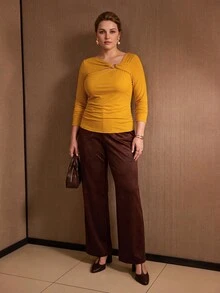 MOTF PREMIUM PLUS SIZE WOMEN'S SPRING/AUTUMN SOLID COLOR ASYMMETRIC TWISTED NECK FITTED T-SHIRT - Yellow - View 7