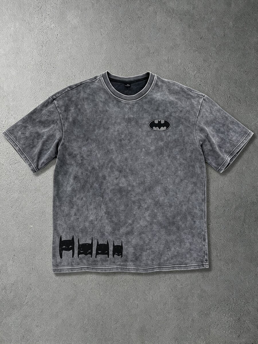 BATMAN X SHEIN Manfinity EMRG 男士夏季休閒水洗短袖T恤 - 灰色 - 查看 1