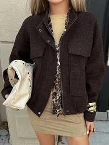 Livesso Women's Solid Color Dropped Shoulder Long Sleeve Zipper Front Casual Regular Fit Jacket Office Dark Brown Autumn - Coffee Brown - View 4