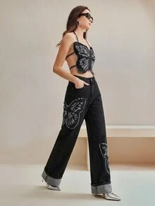 Anewsta Women's Personalized Fashionable Luxurious Embroidered Straight Leg Jeans - Black - View 5
