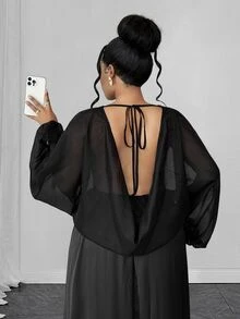 Maweii Plus Size Women Solid Color Lantern Sleeve Backless Sexy Elegant Dress Fall - Black - View 6