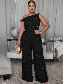Poshavie Poshavie Plus Size Sparkly Asymmetric Off Shoulder 2 Pieces Set, Ruched Wrap Top & Wide Leg Pants Elegant Party Outfit - Black - View 6