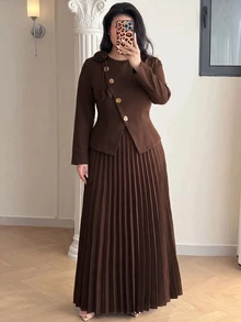 Feyla 大尺碼女款金屬單排扣長袖襯衫與百褶裙優雅兩件套 - 咖啡棕 - 查看 5