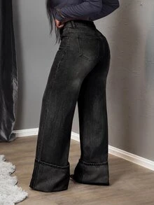 SHEIN Tall 女款高腰口袋寬腿寬鬆休閒牛仔褲 - 黑色 - 查看 3