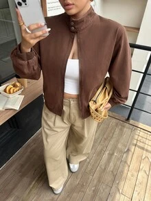 Flexra Plus Size Vintage Button & Zipper Long Sleeve Pocket Denim Jacket - Brown - View 2