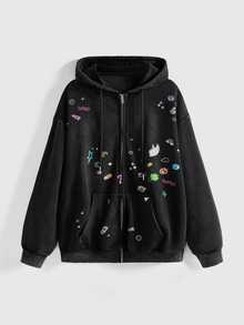 ROMWE Street Life Punk Street Y2K Sticker Print Vintage Washed Loose Fit Open Front Hooded Sweatshirt - Grey - View 1