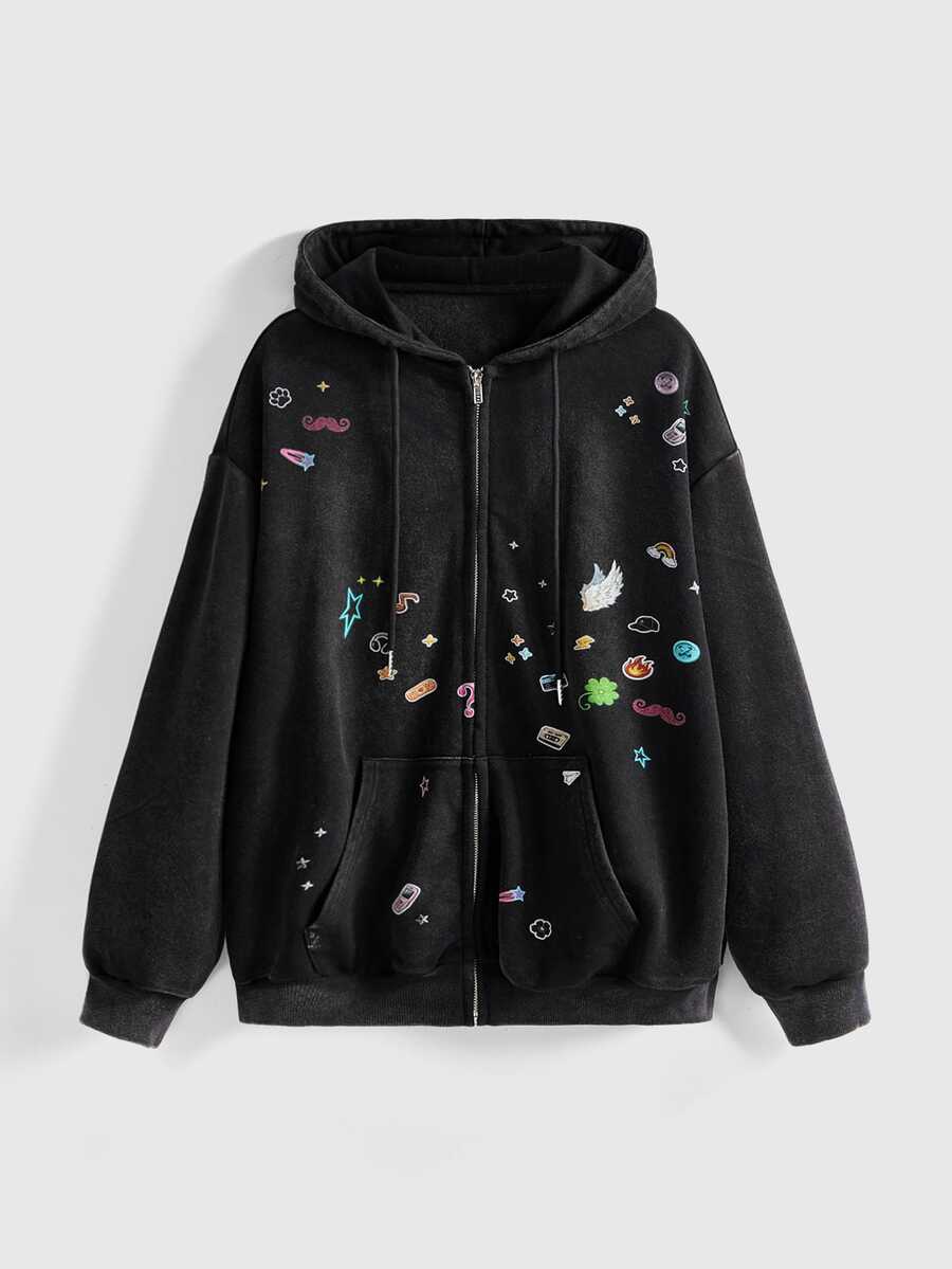 ROMWE Street Life Punk Street Y2K Sticker Print Vintage Washed Loose Fit Open Front Hooded Sweatshirt - Grey - View 1