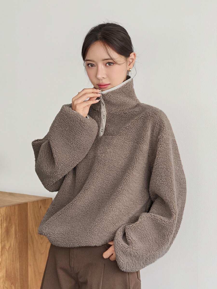 Dazy-Less Women's Winter Button Half-Placket Long Sleeve Fashion Sweatshirt Fall - Khaki - View 1