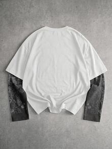 ROMWE MEN Goth Men's Printed Pattern 2 In 1 Loose Long Sleeve T-Shirt - White - View 2