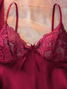 DelicateAllure Women's Lace Patchwork Camisole Dress And Robe Casual Daily Sleepwear Set - Burgundy - View 3