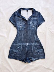 Soleia Denim Effect Print Slim Fit Romper - Multicolor - View 3