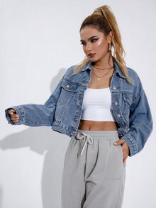 SHEIN Casual Streetwear Light Blue Distressed Denim Jacket, Drop Shoulder Loose Fit, Single Back Pocket Design, Short Outerwear Travel Autumn - Light Wash - View 6