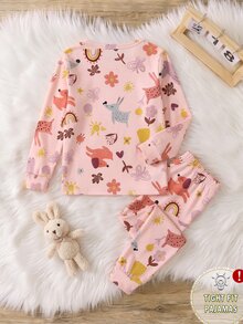 Young Girls Pajamas New Abstract Illustration Puppy Bow Flower Pattern Knitted High Elastic Snug Fit Crew Neck Long Sleeve Top With All-Over Print Long Pants 2 Pieces Set Loungewear 1Set - Multicolor - View 3