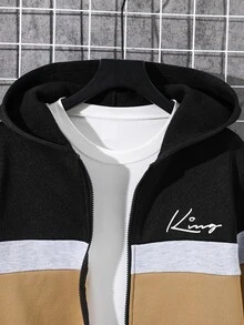SHEIN 青少年男孩拼色拼接運動衫外套，寬鬆長袖灰色上衣，適合冬季返校穿著 - 彩色 - 查看 3