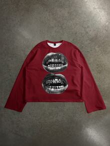 Manfinity ZONE917 Men's Hip Hop Lips Graphic Print Crew Neck Long Sleeve T-Shirt - Burgundy - View 1
