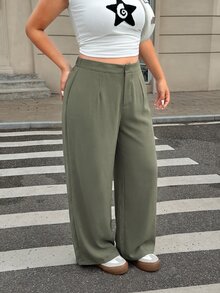 Muchica Plus Size Women Solid Color Pleated Straight Leg Loose Casual Suit Pants - Army Green - View 3
