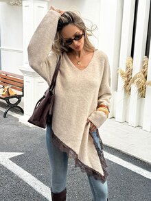 Serisse Women's Casual Lace Trim Asymmetric Hem Sweater, Autumn/Winter Fall Boho Chic Dark Academia Oversized Dark Brown Brunch - Apricot - View 2