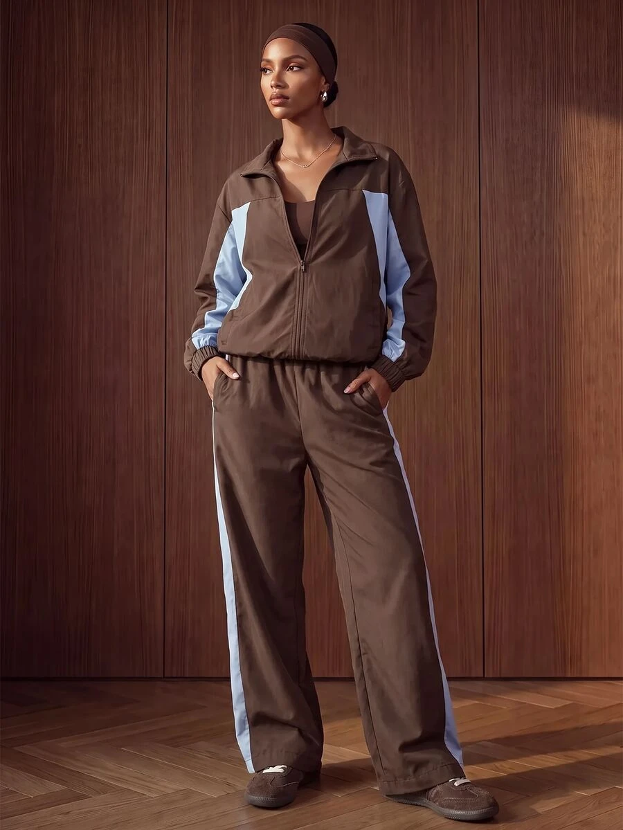 Zivah Women's Gym 2pcs Set Loose Fit Zip Up Jacket Wide Leg Pocket Pants Brown Light Blue Contrast Modest Athleisure Workout Autumn All Season - Multicolor - View 1