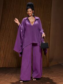 Maweii Plus Size Women Solid Color Top And Pants Casual Daily 2 Pieces Set - Purple - View 5