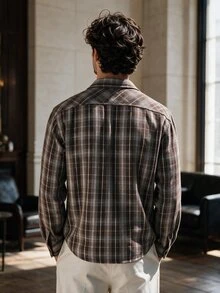 Manfinity Dauomo Men's Plaid Long Sleeve Single-Breasted Double Pocket Shirt - Brown - View 2