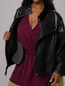 Rustia Jaket Fashion Wanita Ukuran Besar Warna Polos Kulit PU Lengan Panjang dengan Saku untuk Musim Gugur - Hitam - View 8