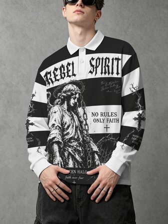 Chemise polo à manches longues streetwear pour hommes avec imprimé de portrait d'ange et calligraphie gothique