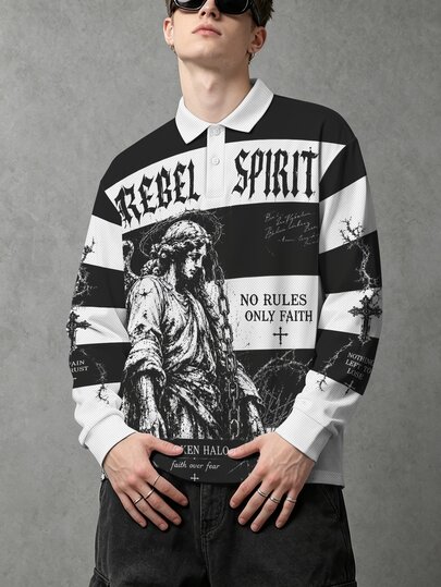 Herren Streetwear Langarm Polo-Shirt mit Engel-Porträt und gotischem Kalligraphie-Muster
