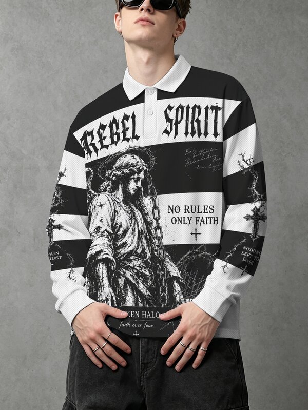 ROMWE MEN Men's Angel Portrait Gothic Calligraphy Print Streetwear Long Sleeve Polo Shirt