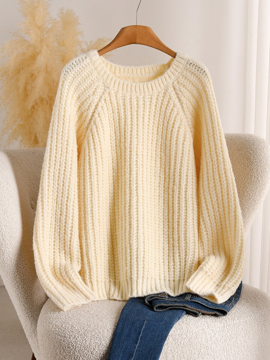 Elaquor Plus Size Women's Solid Color Round Neck Raglan Long Sleeve Casual Pullover Sweater - Apricot - View 1