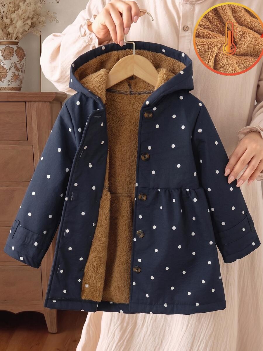 SHEIN 女童冬季保暖內裡連帽雙排扣時尚夾克外套，適合休閒日常穿著